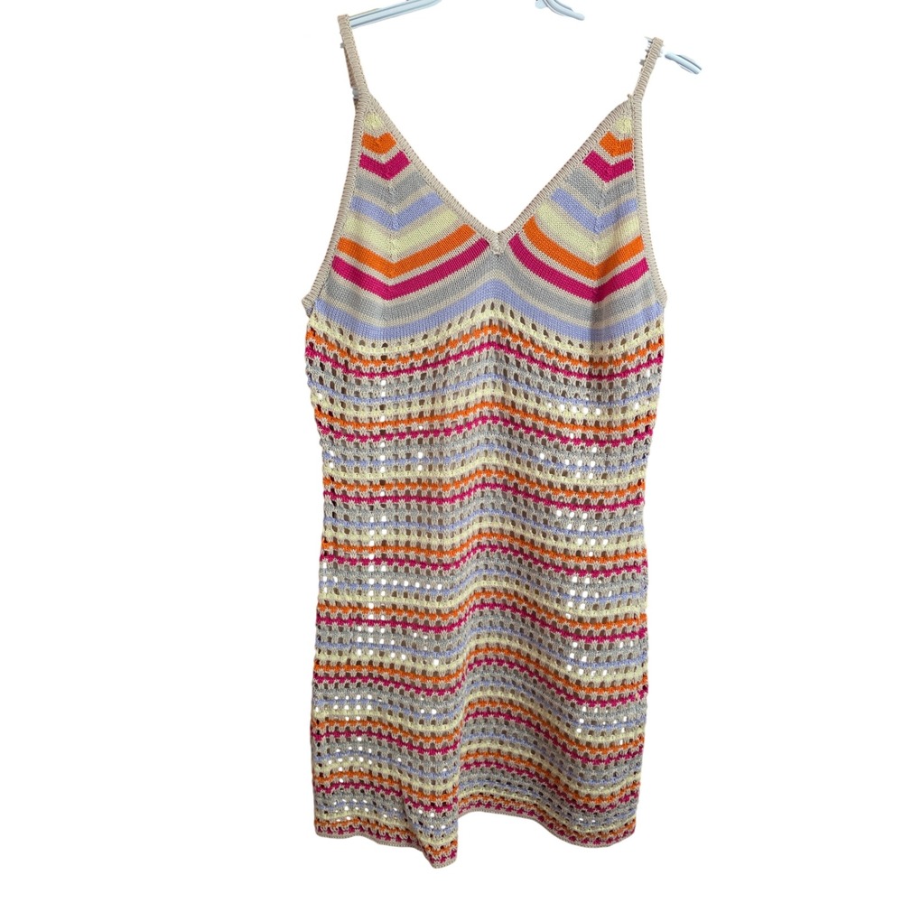 Francesca's Multi Color Striped Crochet Knit Mini Dress V-Neck L NWT